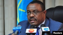 FILE - Hailemariam Desalegn, Prime Minister of Ethiopia, addresses a news conference from his office in Ethiopia's capital Addis Ababa.