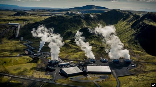 In this undated image provided by Climeworks AG shows a geothermal power plant near Reykjavik, Iceland. The Iceland plant, called Orca, is the largest such facility in the world, capturing about 4,000 metric tons of carbon dioxide per year. (Arni Saeberg/
