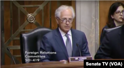 Republican U.S. Senator Bob Corker revealed a delay in advancing a Senate bill imposing new sanctions on Iran as he spoke during a Senate hearing on the European Union as a U.S. "partner against Russian aggression," April 4, 2017.