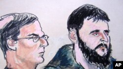 In this Jan. 9, 2010 courtroom file sketch, defendant Adis Medunjanin, right, accused of becoming an al-Qaida operative, sits with his defense attorney Robert Gottlieb at the federal courthouse in New York.