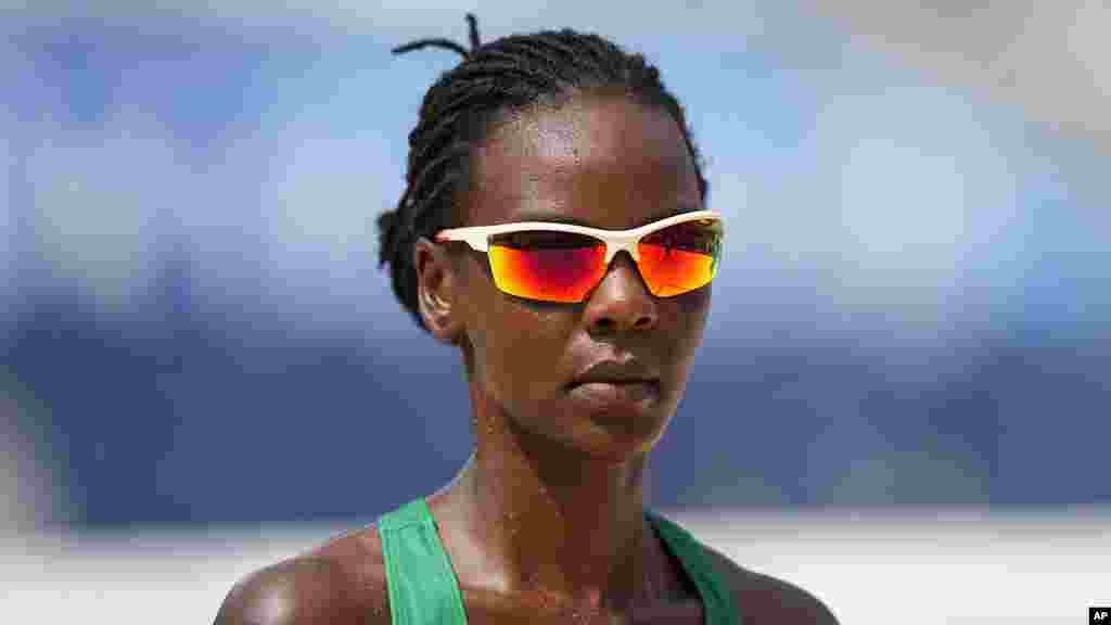 Gaudencia Makokha, of Kenya, competes during a women&#39;s beach volleyball match against the United States at the 2020 Summer Olympics, Thursday, July 29, 2021, in Tokyo, Japan. (AP Photo/Petros Giannakouris)