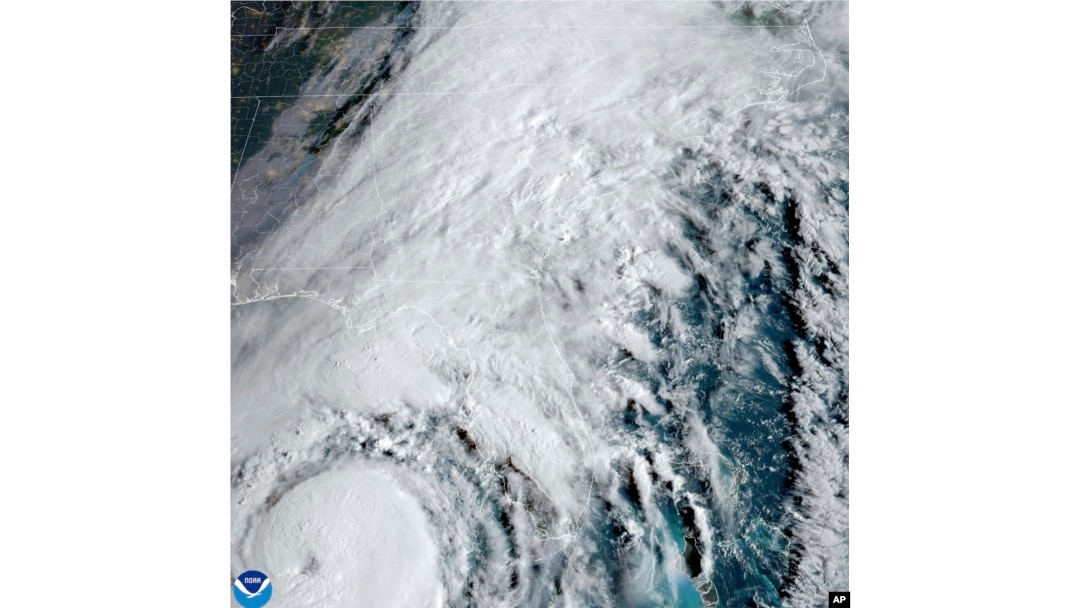 This satellite image provided by NOAA shows Hurricane Helene advancing across the Gulf of Mexico toward Florida, Sept. 26, 2024.