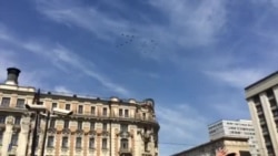 Russian Jets Fly Flag Color Smoke Trailer Over Red Square