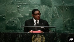 FILE -Teodoro Nguema Obiang Mangue, vice president of Equatorial Guinea, speaks during the 70th session of the United Nations General Assembly at UN headquarters, Sept. 30, 2015. 