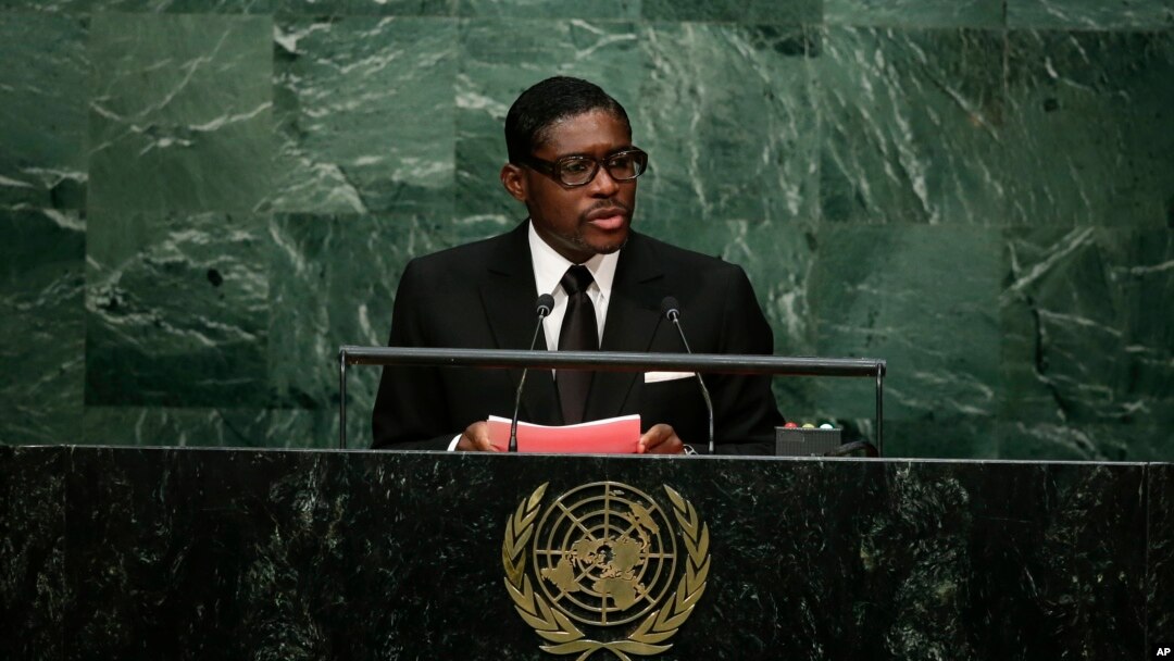 FILE - Teodoro Nguema Obiang Mangue, vice-president of Equatorial Guinea, speaks during the 70th session of the United Nations General Assembly at U.N. headquarters, Sept. 30, 2015. 