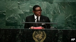 FILE - Teodoro Nguema Obiang Mangue, vice-president of Equatorial Guinea, speaks during the 70th session of the United Nations General Assembly at U.N. headquarters, Sept. 30, 2015. 