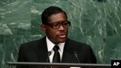 Teodorin Obiang, fils du président de la Guinée équatoriale Teodoro Obiang Nguema et vice-président du pays, prononce un discours lors de la 70e session l’Assemblée générale des Nations unies à New York, 30 septembre 2015.