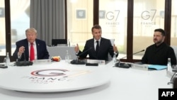 Serokê Amerîkayê Donald Trump, Serokê Frensayê Emmanuel Macron Serokê Ukraynayê Volodymyr Zelensky, Hilcivîna G7 li Evian-les-Bains, Frensa Hezîran 16, 2026. (Photo by Thibault Camus / POOL 