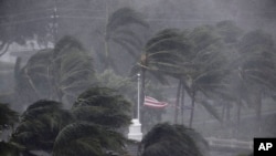 An American flag is torn as Hurricane Irma passes through Naples, Florida on September 10, 2017. (AP Photo/David Goldman)