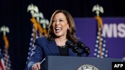 US Vice President and Democratic Presidential candidate Kamala Harris speaks at West Allis Central High School during her first campaign rally in Milwaukee, Wisconsin, on July 23, 2024.