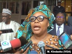 Liberian born Nobel Peace Prize winner Leymah Roberta Gbowee speaks in Yaounde, Cameroon, April 18, 2019.