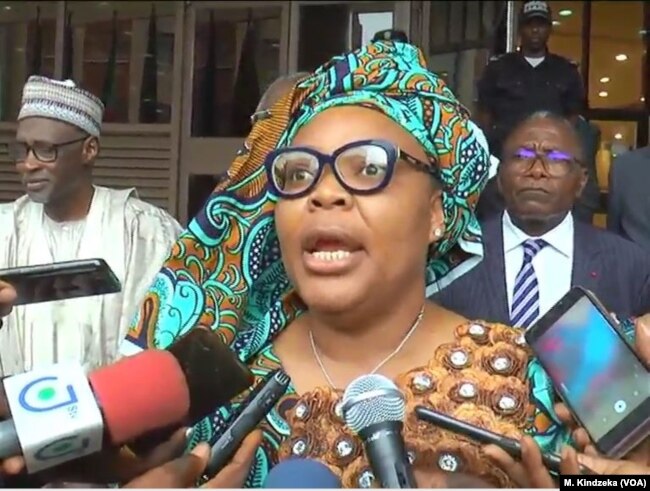 Liberian born Nobel Peace Prize winner Leymah Roberta Gbowee speaks in Yaounde, Cameroon, April 18, 2019.