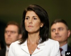 United States Ambassador to the United Nations Nikki Haley participates in a news conference outside the General Assembly at U.N. headquarters in New York, March 27, 2017.