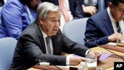 Generalni sekretar UN, Antonio Gutereš, obraća se Savetu bezbednosti Ujedinjenih nacija, 29. avgusta 2018, u sedištu svetske organizacije, u Njujorku, SAD.
