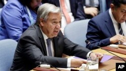 聯合國秘書長古特雷斯2018年8月29日在安理會發表講話（美聯社）