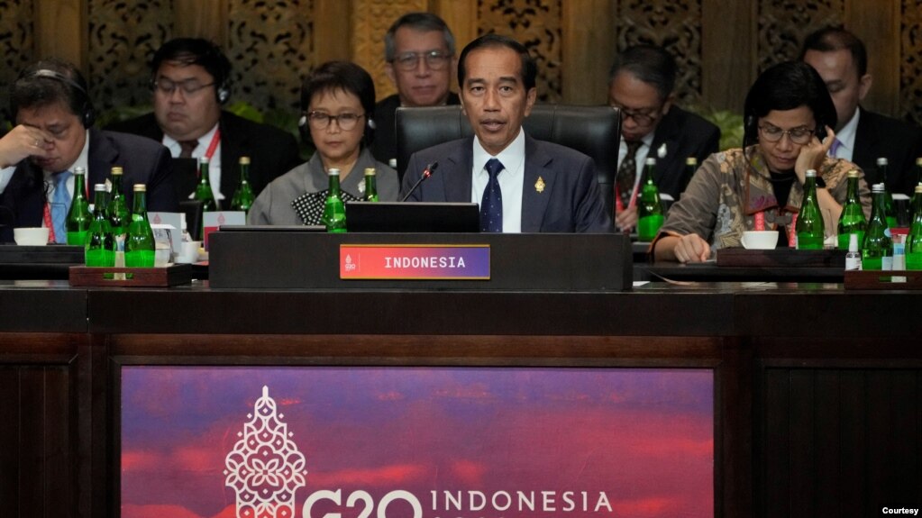 G20集团峰会东道主、印尼总统佐科发表欢迎讲话。（媒体联访照片）(photo:VOA)