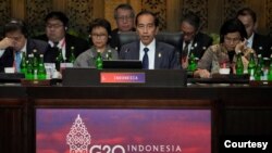 G20集团峰会东道主、印尼总统佐科发表欢迎讲话。（媒体联访照片）