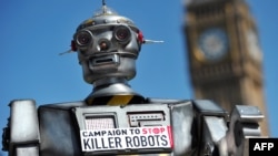 FILE - The mock killer robot was displayed in London in April 2013 during the launching of the Campaign to Stop Killer Robots, which calls for the ban of lethal robot weapons that would be able to select and attack targets without any human intervention.