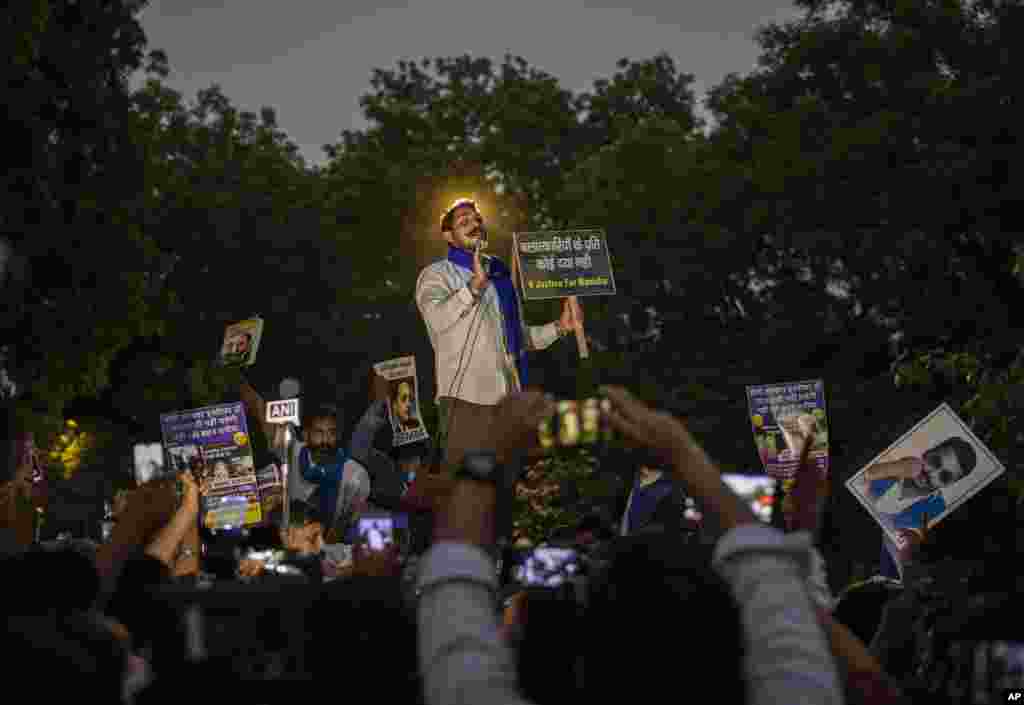 Chandrashekhar Azad, leader of the Bhim Army, a political party of Dalits who represent the Hinduism&#39;s lowest caste, speaks during a protest against the gang rape and killing of a woman in India&#39;s northern state of Uttar Pradesh, in New Delhi, India, Friday, Oct. 2, 2020.