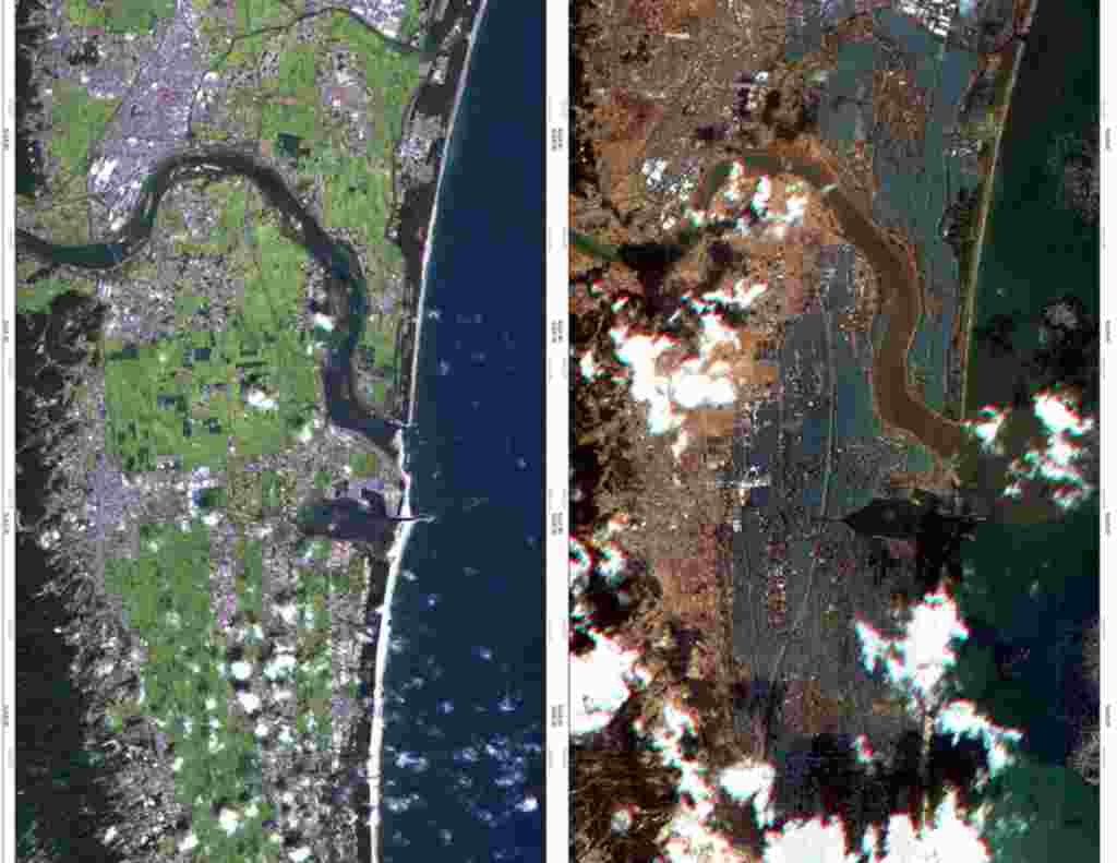 The shore of Japan is seen before (L) and after a tsunami hit the area in this combination photo of satellite images provided by the German Aerospace Center. Pictures taken September 5, 2010 (L) and March 12, 2011. (REUTERS/DLR/Rapid Eye)