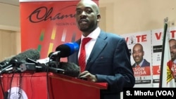 Nelson Chamisa the leader of the Movement for Democratic Change Alliance addressing reporters, July 4, 2018. 