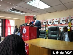 Nelson Chamisa the leader of the Movement for Democratic Change Alliance addressing reporters, July 4, 2018.