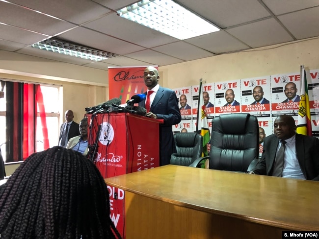 Nelson Chamisa the leader of the Movement for Democratic Change Alliance addressing reporters, July 4, 2018.