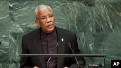 FILE - David Granger, president of Guyana, speaks during the U.N. General Assembly at U.N. headquarters, Sept. 20, 2017. 