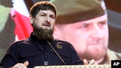 FILE - Chechen regional leader Ramzan Kadyrov speaks at celebrations marking Defenders of the Fatherland Day in Chechnya's provincial capital Grozny, Russia, Feb, 20, 2016/
