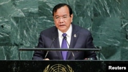 FILE - Cambodian Foreign Minister Prak Sokhon addresses the 72nd U.N. General Assembly at U.N. headquarters in New York, Sept. 22, 2017.