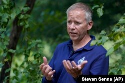 Mass Audubon President David O'Neill takes questions from an Associated Press reporter during an interview in Boston, Wednesday, June 23, 2021.