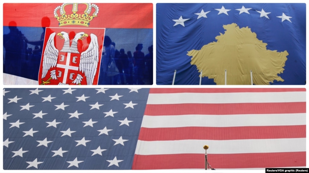 ILUSTRACIJA: Zastave Srbije, Kosova i Sjedinjenih država (Foto: Reuters/VOA graphic)