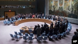 Members of the U.N. Security Council stand for a moment of silence, July 18, 2014 for the 298 victims of the downing of Malaysia Airlines Flight 17 during a meeting at United Nations headquarters.