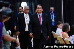 Navajo Nation President Jonathan Nez arrives for an event with first lady Jill Biden, Phoenix Mayor Kate Gallego, and Doug Emhoff, husband of VP Kamala Harris.