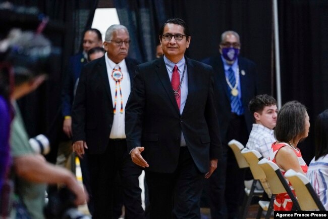 Navajo Nation President Jonathan Nez arrives for an event with first lady Jill Biden, Phoenix Mayor Kate Gallego, and Doug Emhoff, husband of VP Kamala Harris.