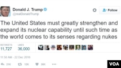 Presiden terpilih AS Donald Trump mengatakan ingin “memperkuat dan memperluas” kemampuan nuklir AS dalam cuitan di Twitter.