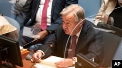 Antonio Guterres, secretary-general of the United Nations, speaks during a meeting of the U.N. Security Council, Sept. 23, 2021, during the 76th session of the U.N. General Assembly in New York.