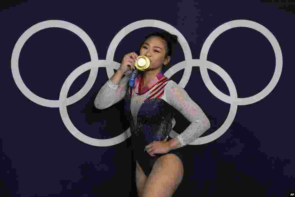 Sunisa Lee of United States reacts after winning the gold medal in the artistic gymnastics women&#39;s all-around final at the 2020 Summer Olympics in Tokyo, Japan.