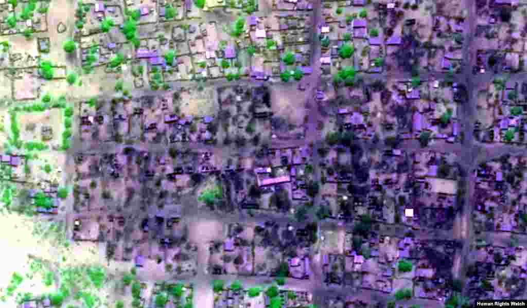 Post-violence view of concentration of building damages, satellite imagery displayed in false-color, near-infrared to highlight areas of extensive fire-related damages and burn scars. Pre-violence view of concentration of building damages, satellite image