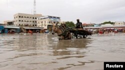 A donkey pulls a cart as they wade through a flooded street in Hamerweyne district of Mogadishu, Somalia, May 20, 2018. 