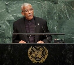 FILE - David Granger, president of Guyana, speaks during the U.N. General Assembly at U.N. headquarters, Sept. 20, 2017.