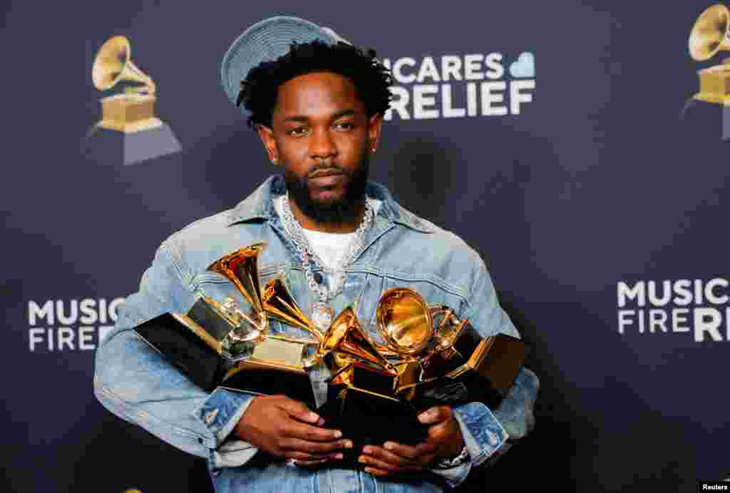 Kendrick Lamar, winner of the Record Of The Year, Best Rap Performance, Best Rap Song, Best Music Video, and Song Of The Year awards, poses in the press room during the 67th Annual Grammy Awards in Los Angeles, California, Feb. 2, 2025.