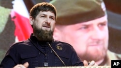 FILE - Chechen regional leader Ramzan Kadyrov speaks as he attends celebrations marking Defenders of the Fatherland Day in Chechnya's provincial capital Grozny, Russia, Feb. 20, 2016.