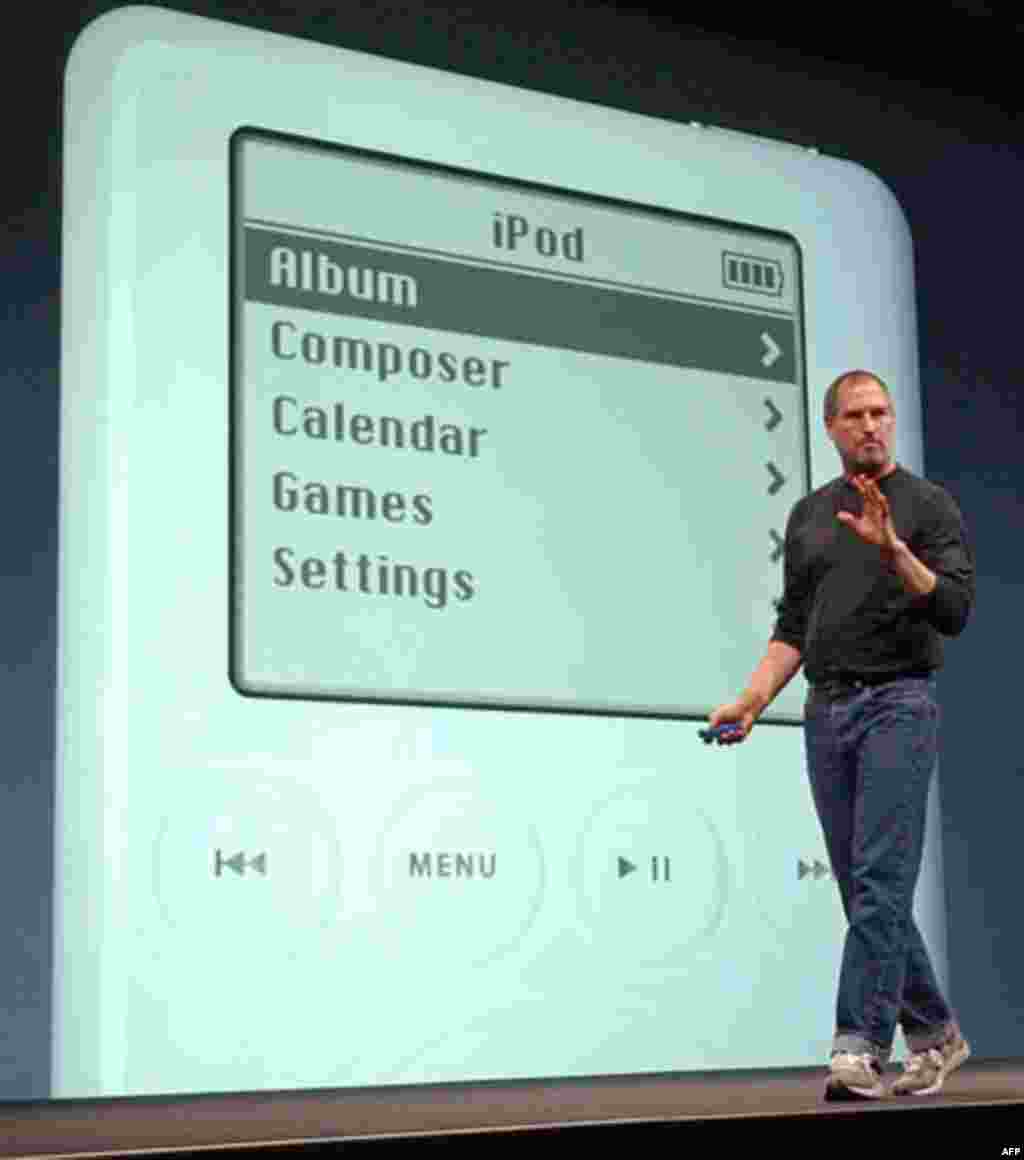 Apple Computer Inc. chief executive Steve Jobs gestures as he introduces the new iPod during Apple's launch of their new online "Music Store" in San Francisco, Monday, April 28, 2003. (AP Photo)