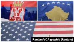 ILUSTRACIJA: Zastave Srbije, Kosova i Sjedinjenih država (Foto: Reuters/VOA graphic)