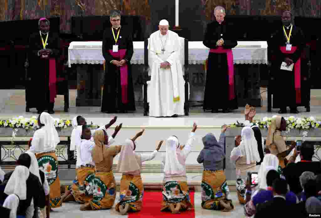 Pope Francis attends a meeting with clergy at the Cathedral of Our Lady of the Immaculate Conception in Maputo, Mozambique.