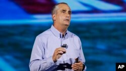 FILE - Intel CEO Brian Krzanich delivers a keynote speech at CES International, Jan. 8, 2018, in Las Vegas.