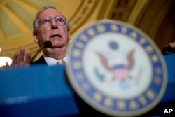 Senate Majority Leader Mitch McConnell of Kentucky speaks at a news conference on Capitol Hill in Washington, July 18, 2017.