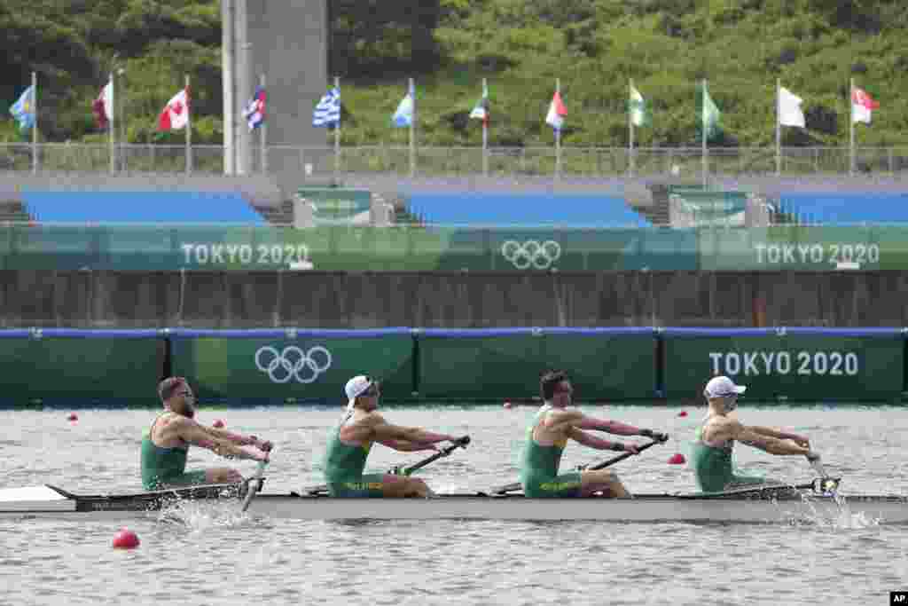 Lawrence Brittain, Kyle Schoonbee, John Smith and Sandro Torrente, of South Africa compete in the men's rowing four final at the 2020 Summer Olympics, Wednesday, July 28, 2021, in Tokyo, Japan. (AP Photo/Lee Jin-man)