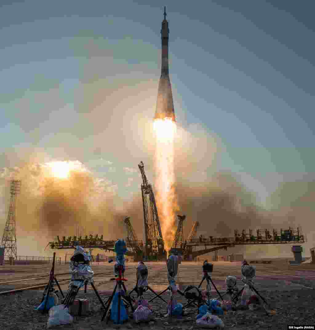 The Soyuz MS-01 spacecraft launches from the Baikonur Cosmodrome with Expedition 48-49 crew members Kate Rubins of NASA, Anatoly Ivanishin of Roscosmos and Takuya Onishi of the Japan Aerospace Exploration Agency (JAXA) onboard, in Baikonur, Kazakhstan.